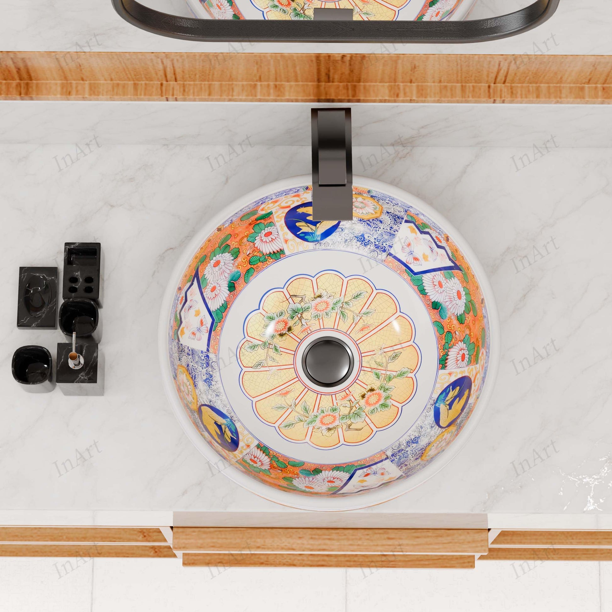 InArt Glossy White Ceramic Round Vessel Sink – Mexican Style Pattern, 16.5", additional product view 7