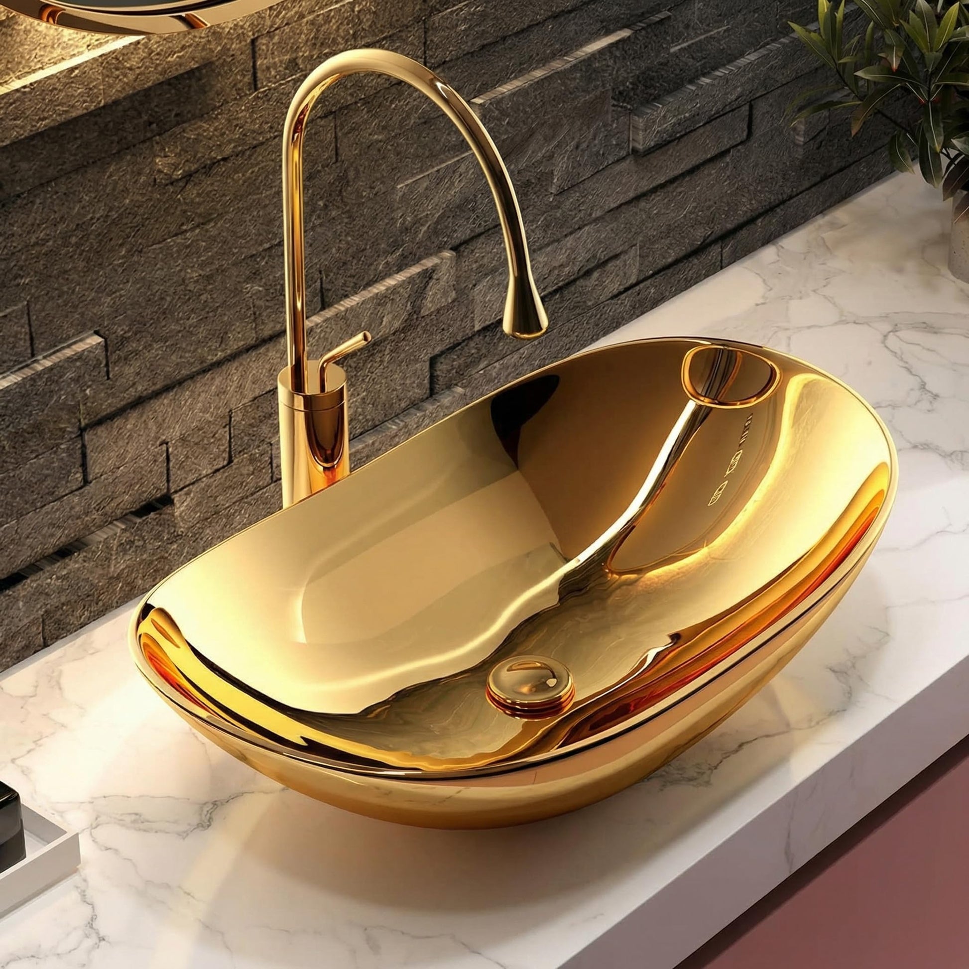 Gold Oval Ceramic vessel bathroom sink