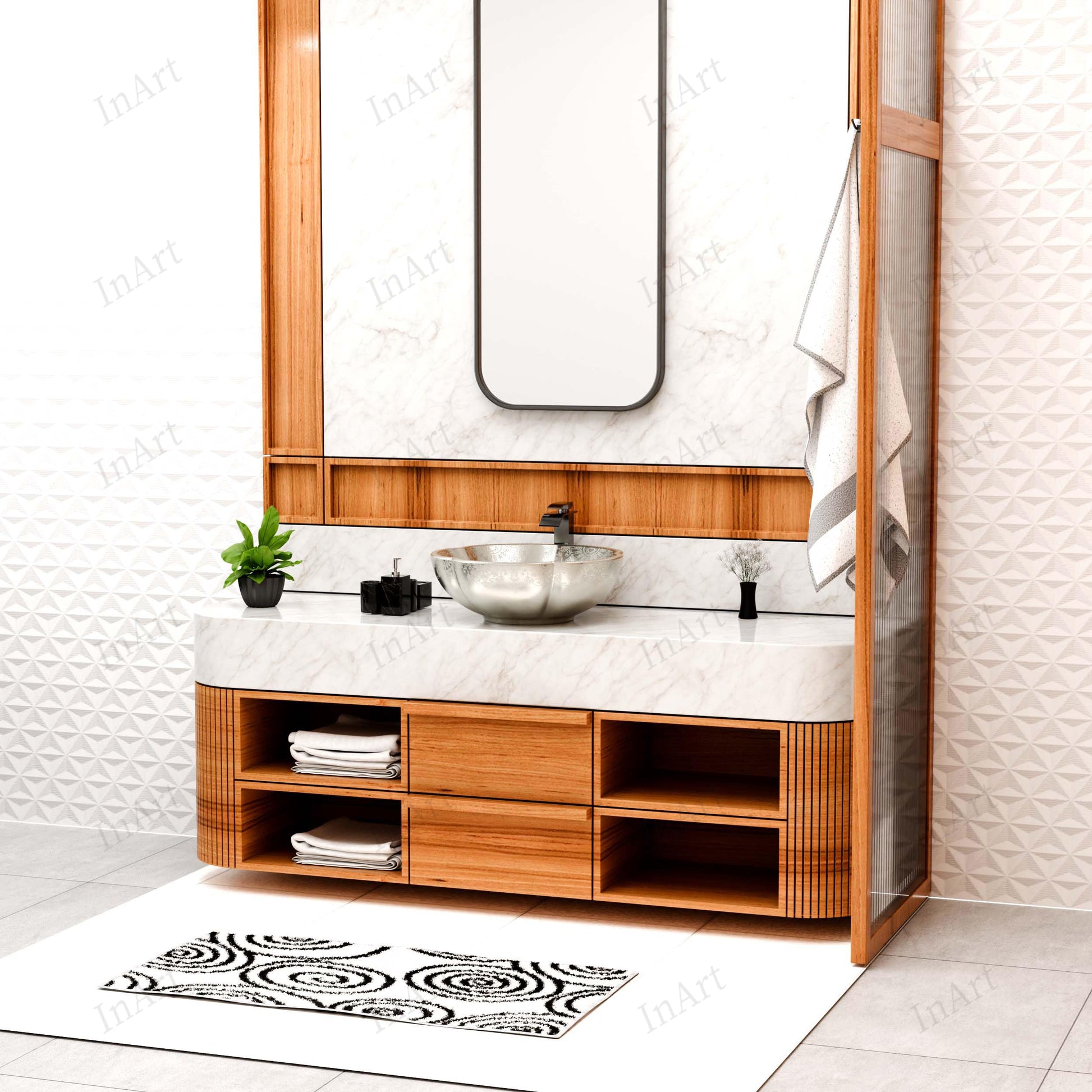 Close-up of Moroccan-style patterned glaze on silver ceramic round vessel sink for bathroom vanity