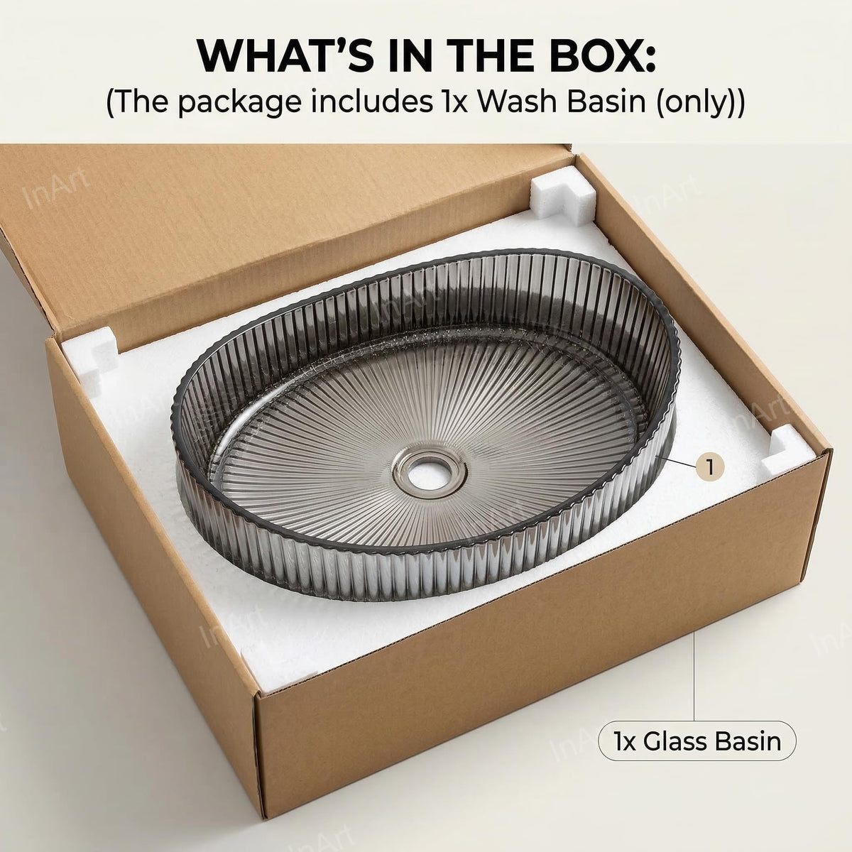 InArt Smoked Tempered Glass Oval Vessel Sink – Ribbed Texture, 19.7"x14.6", additional product view 8