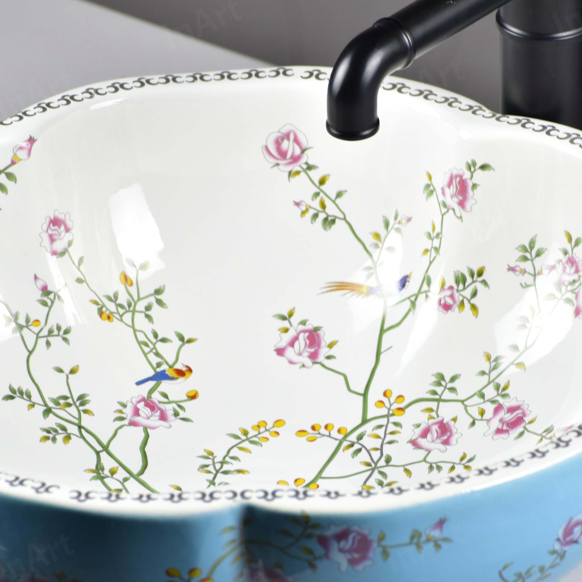 InArt round ceramic vessel sink styled on bathroom vanity, contemporary countertop bowl sink for home or office