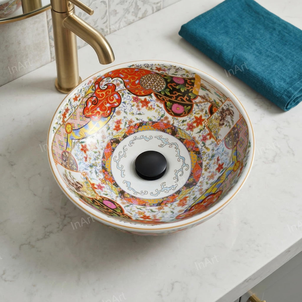 InArt Glossy Moroccan Ceramic Round Vessel Sink – Decorative Pattern, 15.75", additional product view 4