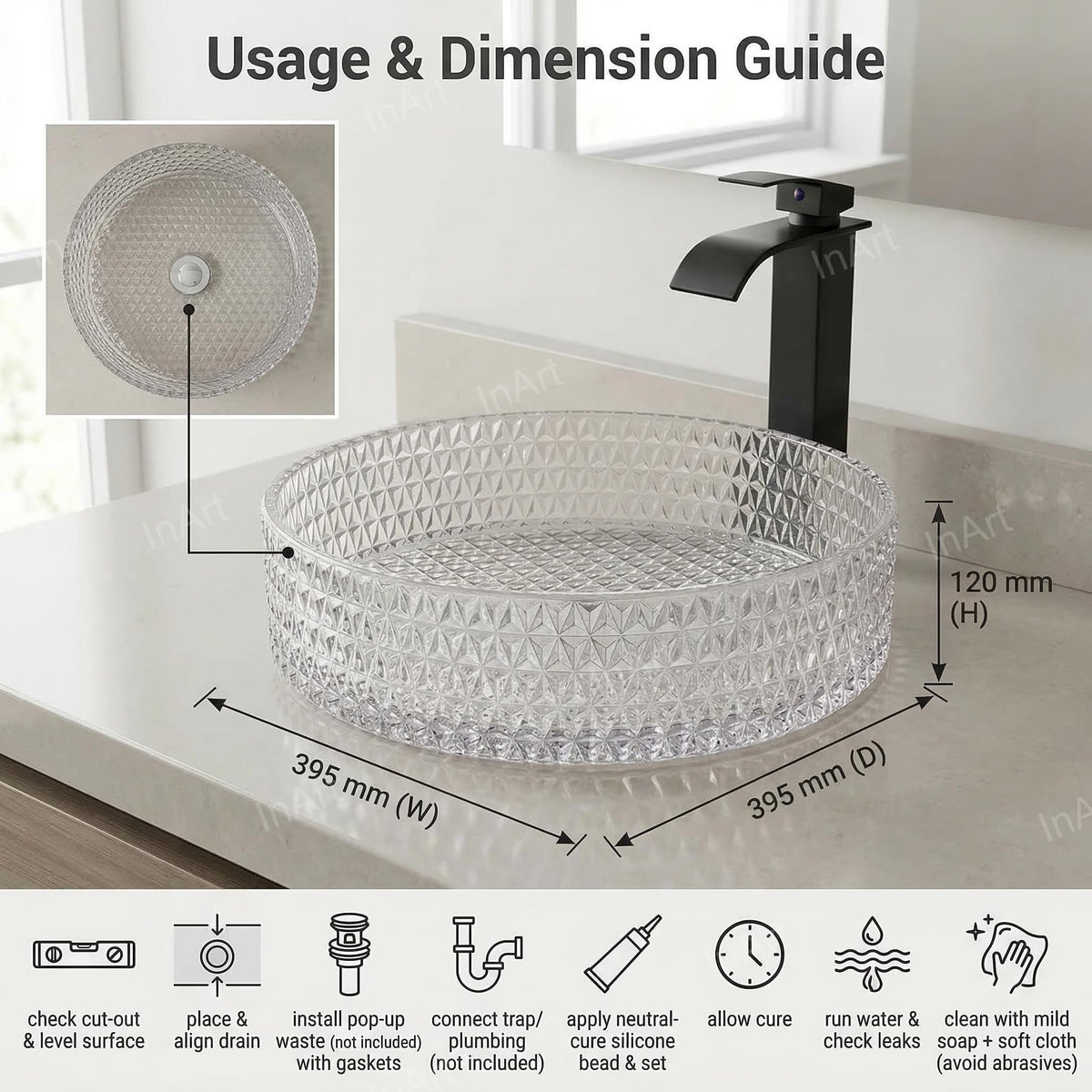 InArt Clear Tempered Glass Round Vessel Sink – Diamond-Cut Texture, 15.6", additional product view 6