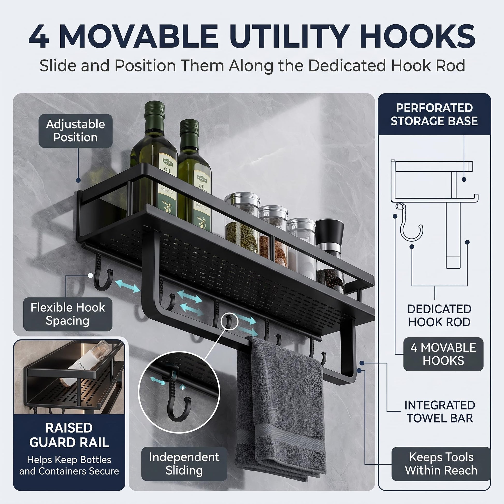 Wall-mounted kitchen organizer with towel bar and movable hooks
