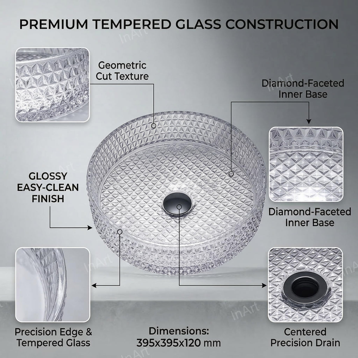 InArt Clear Tempered Glass Round Vessel Sink – Diamond-Cut Texture, 15.6", additional product view 3