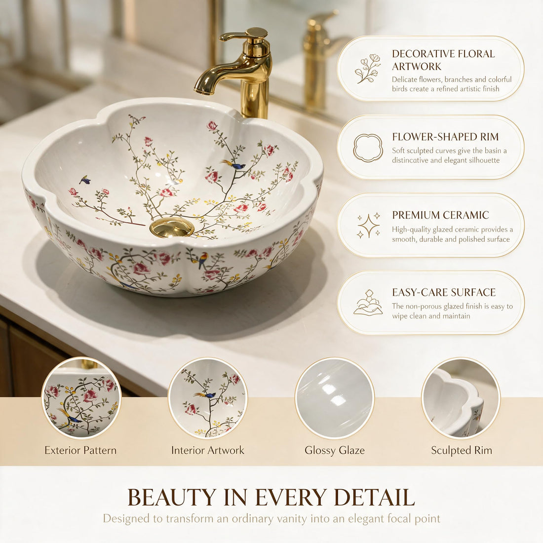 White and Multicolor Flower-Shaped Round Ceramic vessel bathroom sink