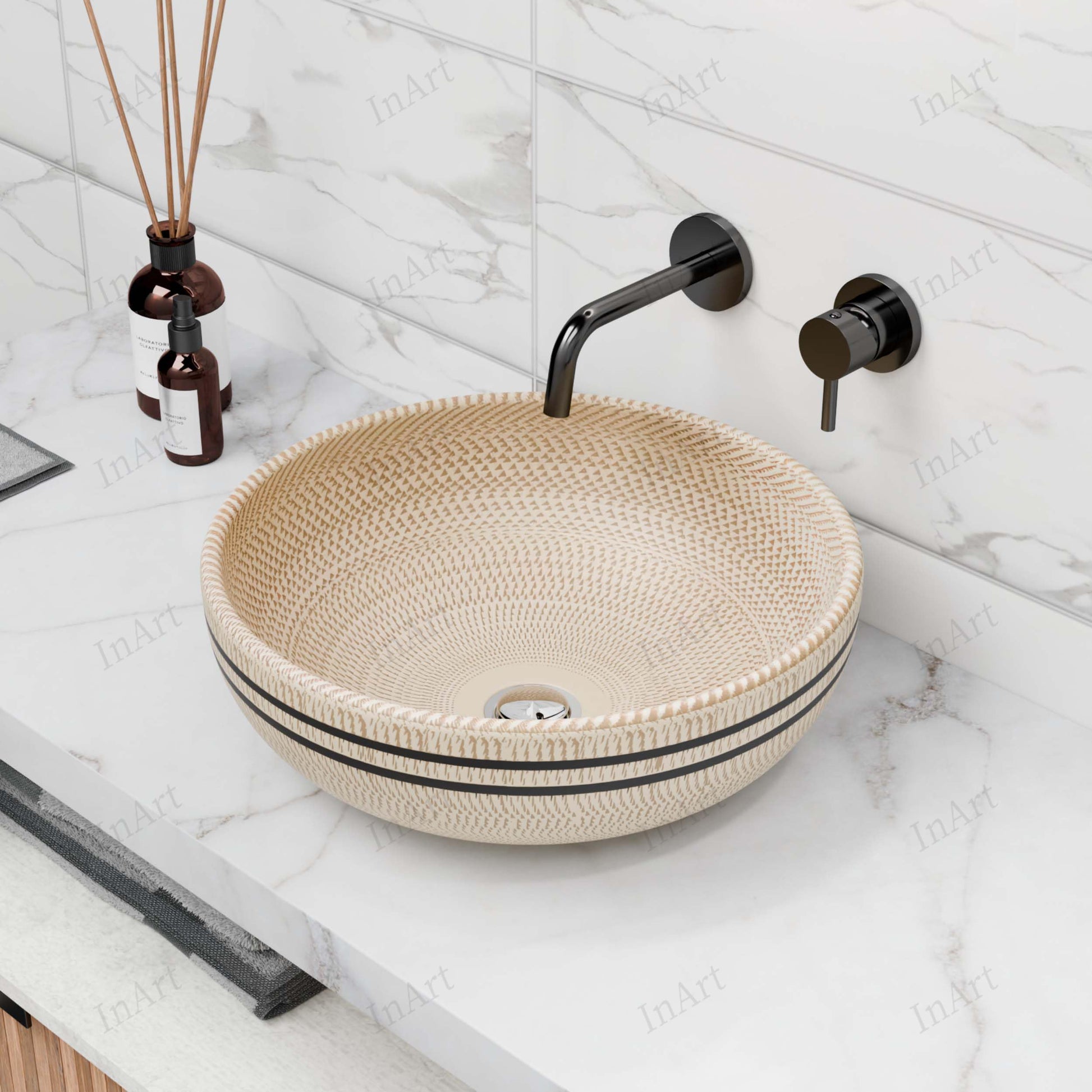 InArt Vessel Sinks for Bathroom 15.75" – Ceramic, Beige Satin, Textured Pattern, additional product view 5