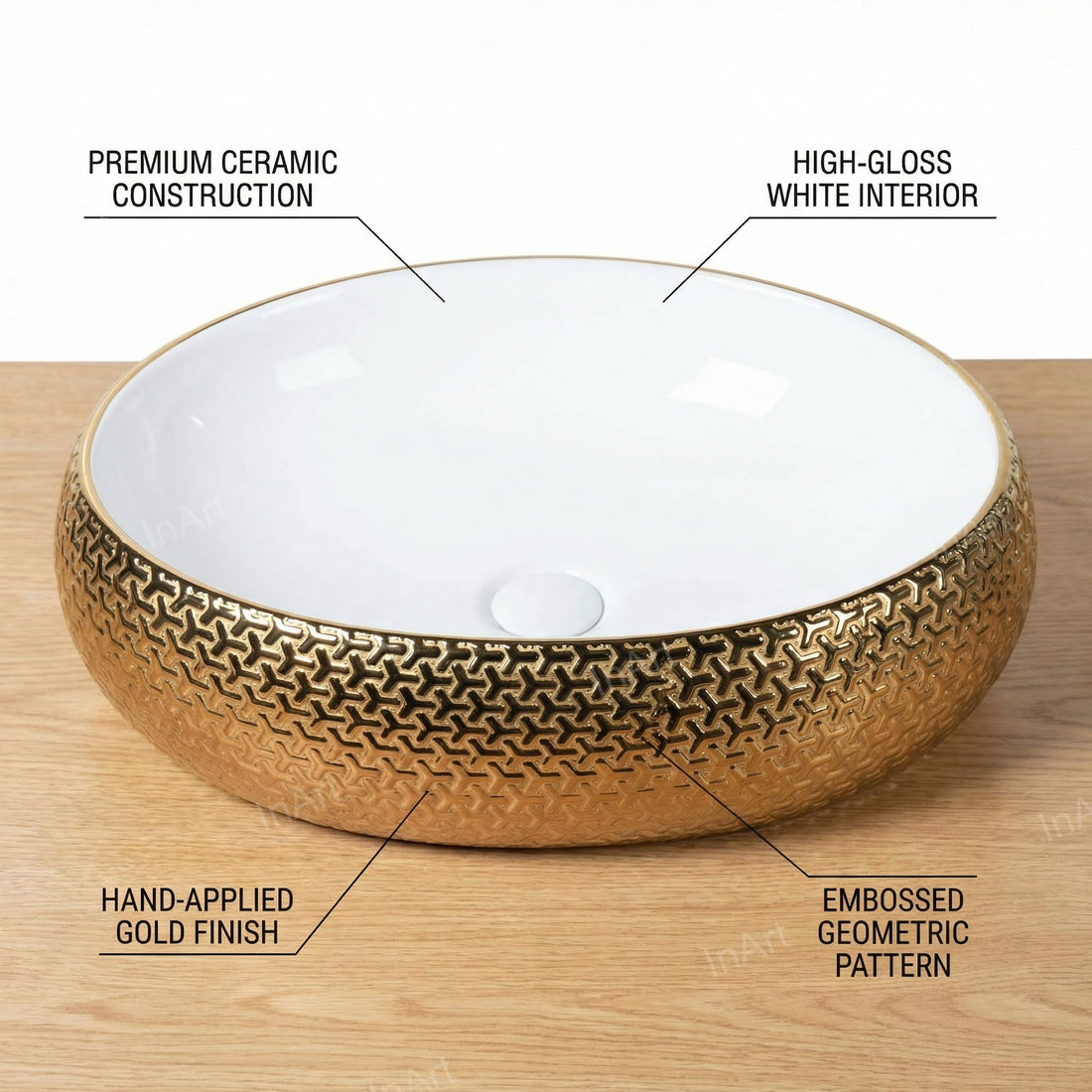 InArt Wash Basin glossy gold vessel sink, ceramic bowl countertop design