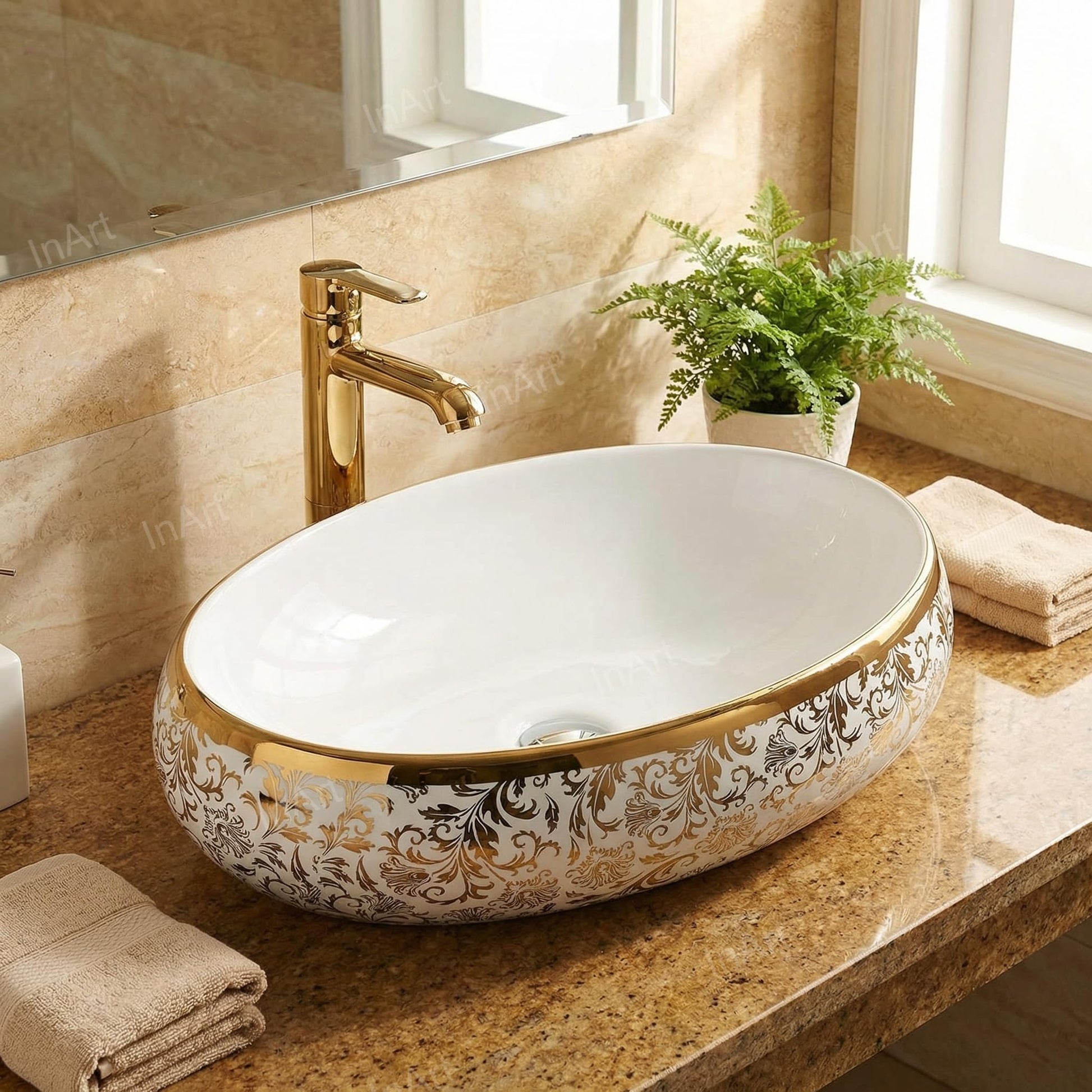 Bath vessel sink close-up of glossy white ceramic finish and gold rim detail, oval shape