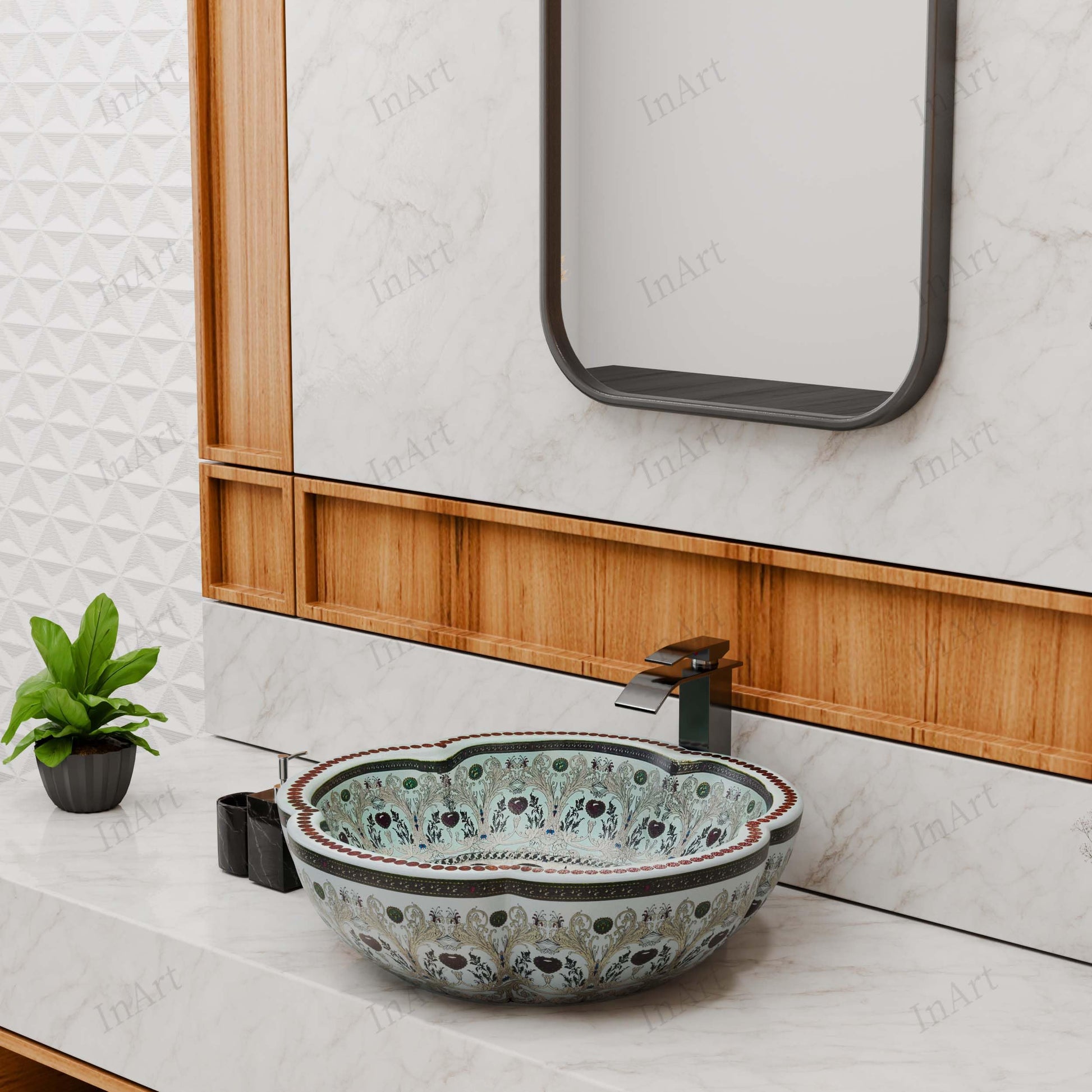 Bath bowl sink interior detail, smooth glazed ceramic round vessel basin with glossy light blue patterned finish