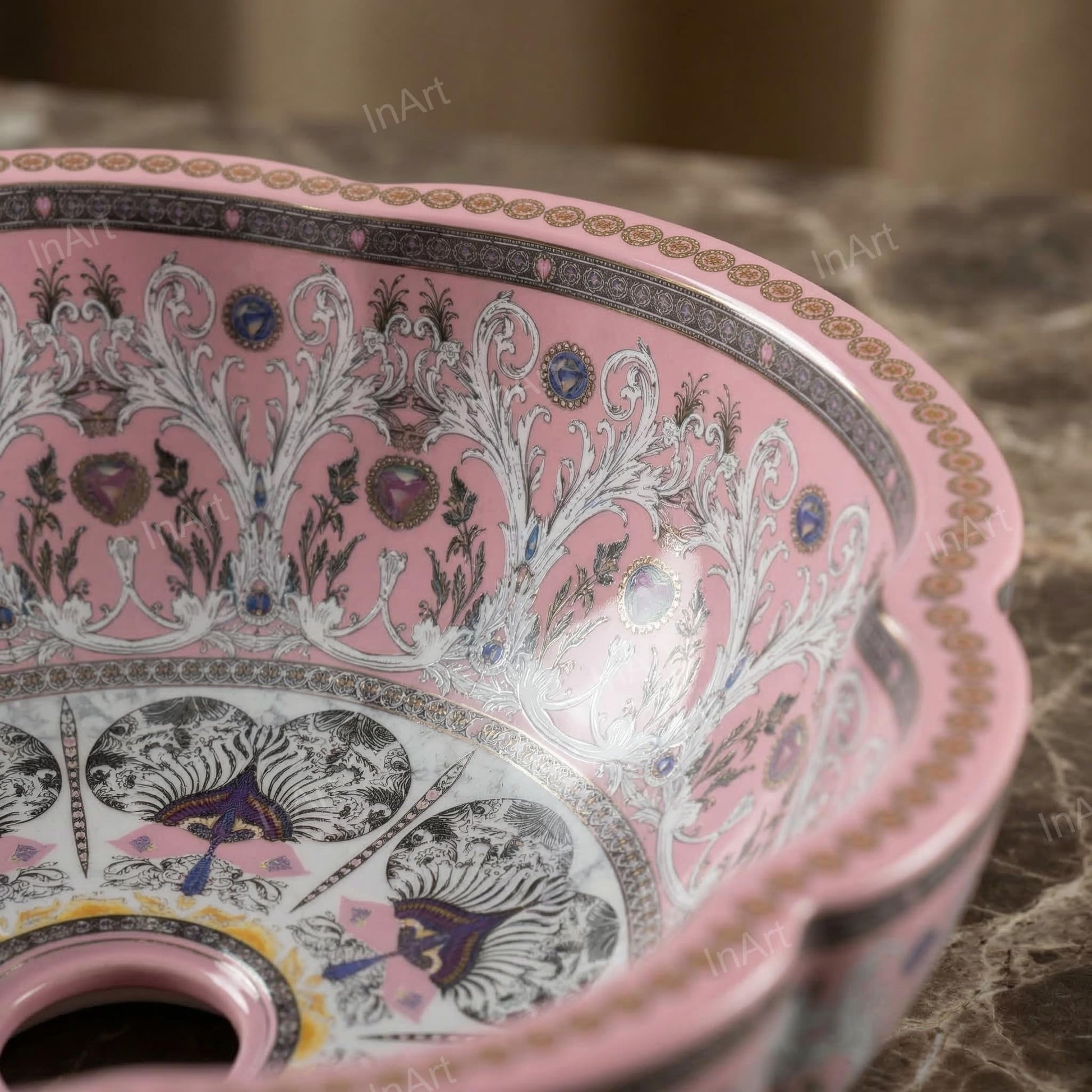 InArt Glossy Pink Ceramic Round Vessel Sink – Sink on Top of Vanity, 16" Scalloped, additional product view 5