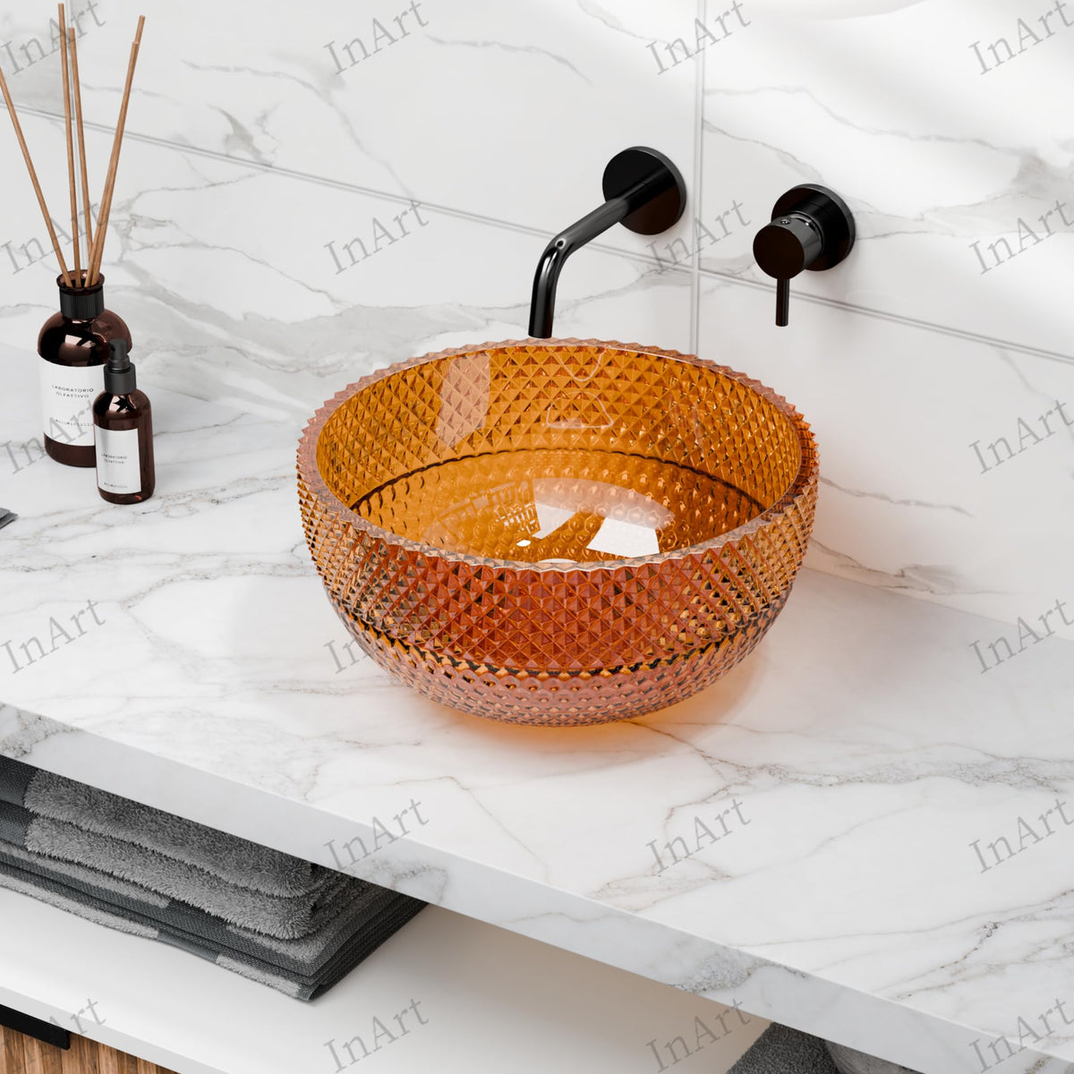 InArt Amber Orange Glass Vessel Sink for Countertop Bathrooms, 13.4 Inch, additional product view 9