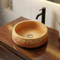 InArt Wood-Tone Ceramic Round Vessel Sink – Floral Art Design, 16.5