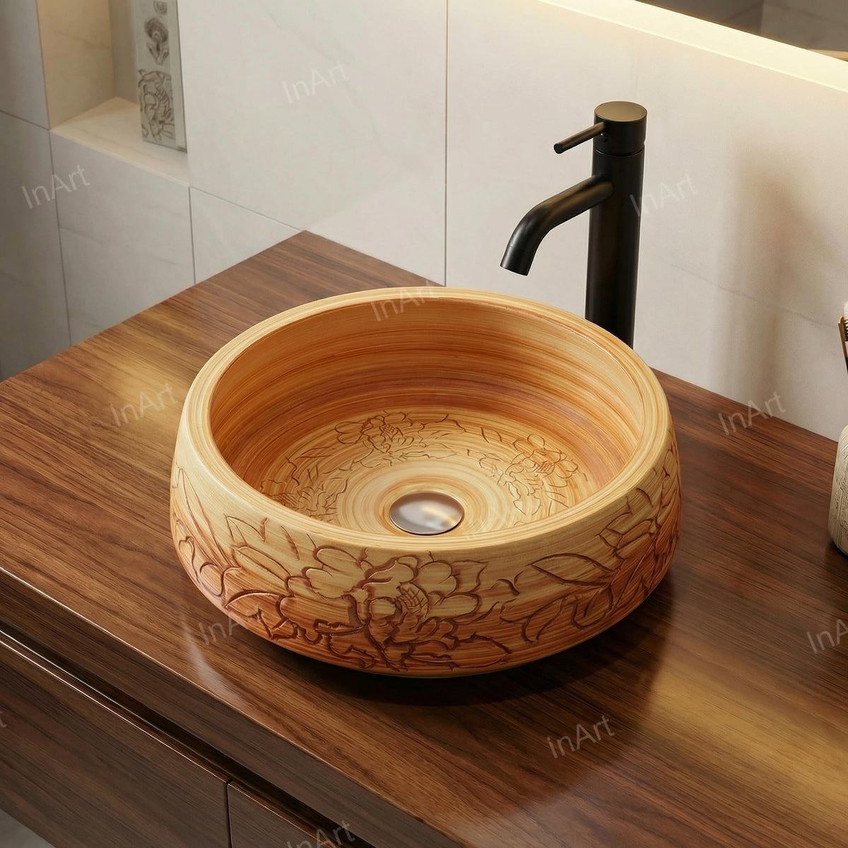 InArt Wood-Tone Ceramic Round Vessel Sink – Floral Art Design, 16.5", additional product view 4