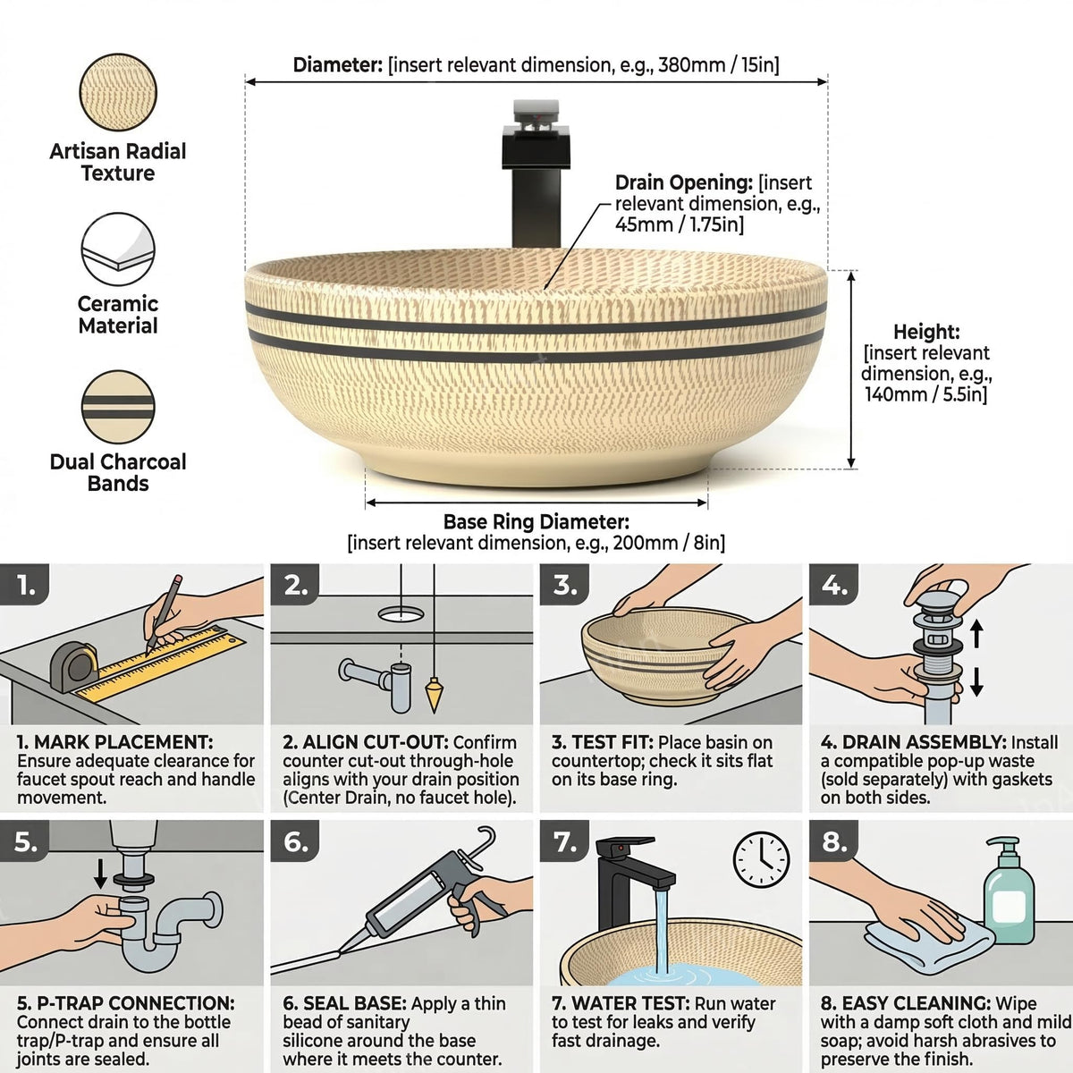InArt Vessel Sinks for Bathroom 15.75" – Ceramic, Beige Satin, Textured Pattern, additional product view 6