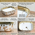 Top view white oval vessel bathroom sink, ceramic bowl sink with gold edge countertop basin