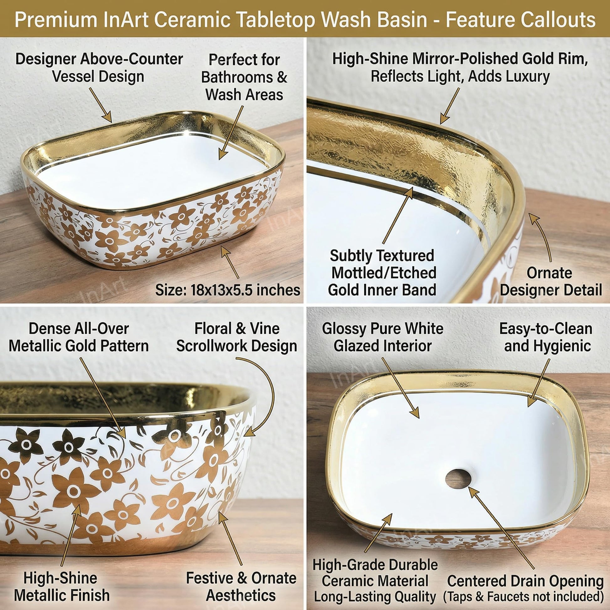 Top view white oval vessel bathroom sink, ceramic bowl sink with gold edge countertop basin