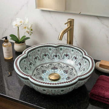 InArt Vessel Sinks for Bathroom 16" – Ceramic, Glossy Aqua Pattern, Scalloped Rim