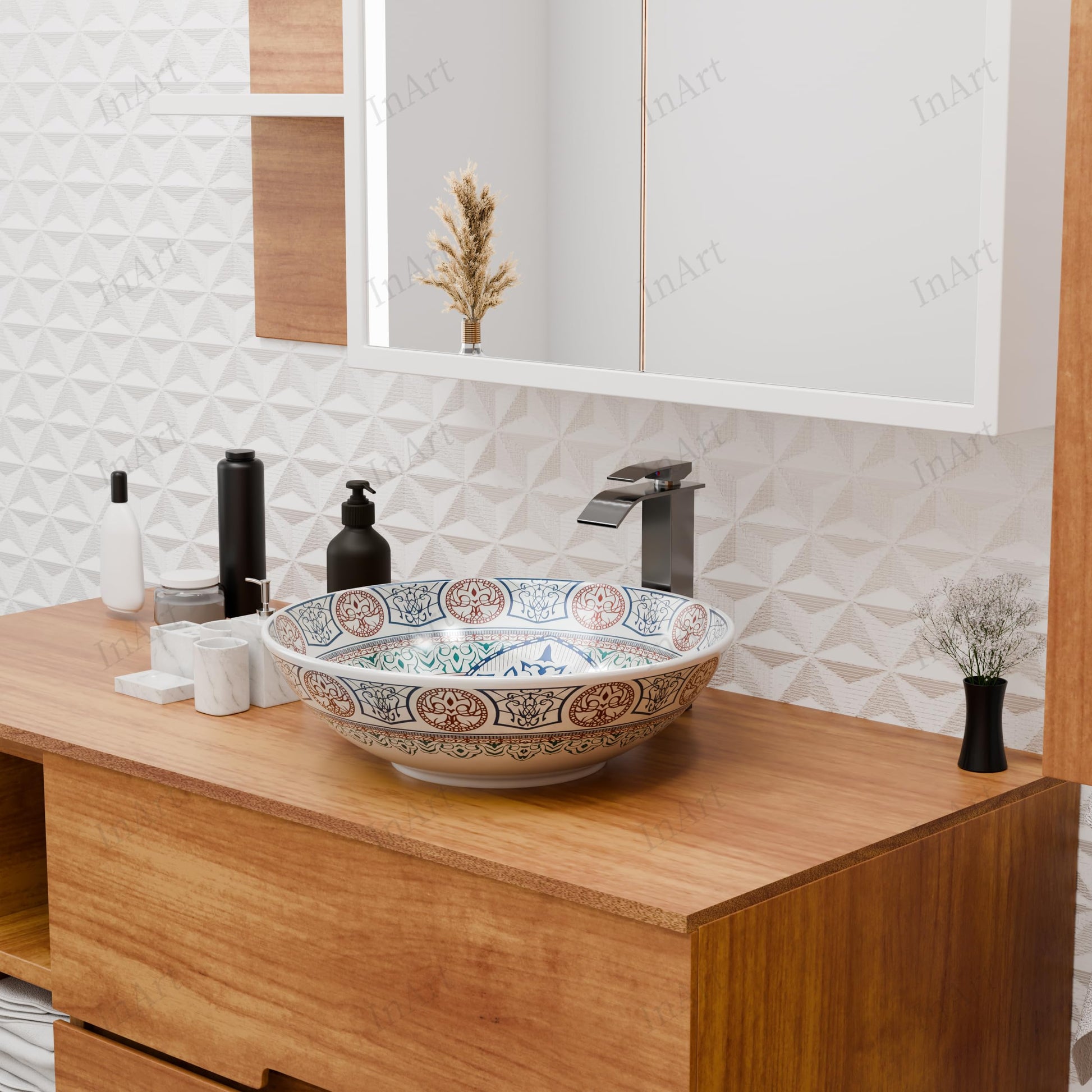Sink bathroom bowl side angle showing glossy glazed blue Mexican square ceramic tabletop vessel sink