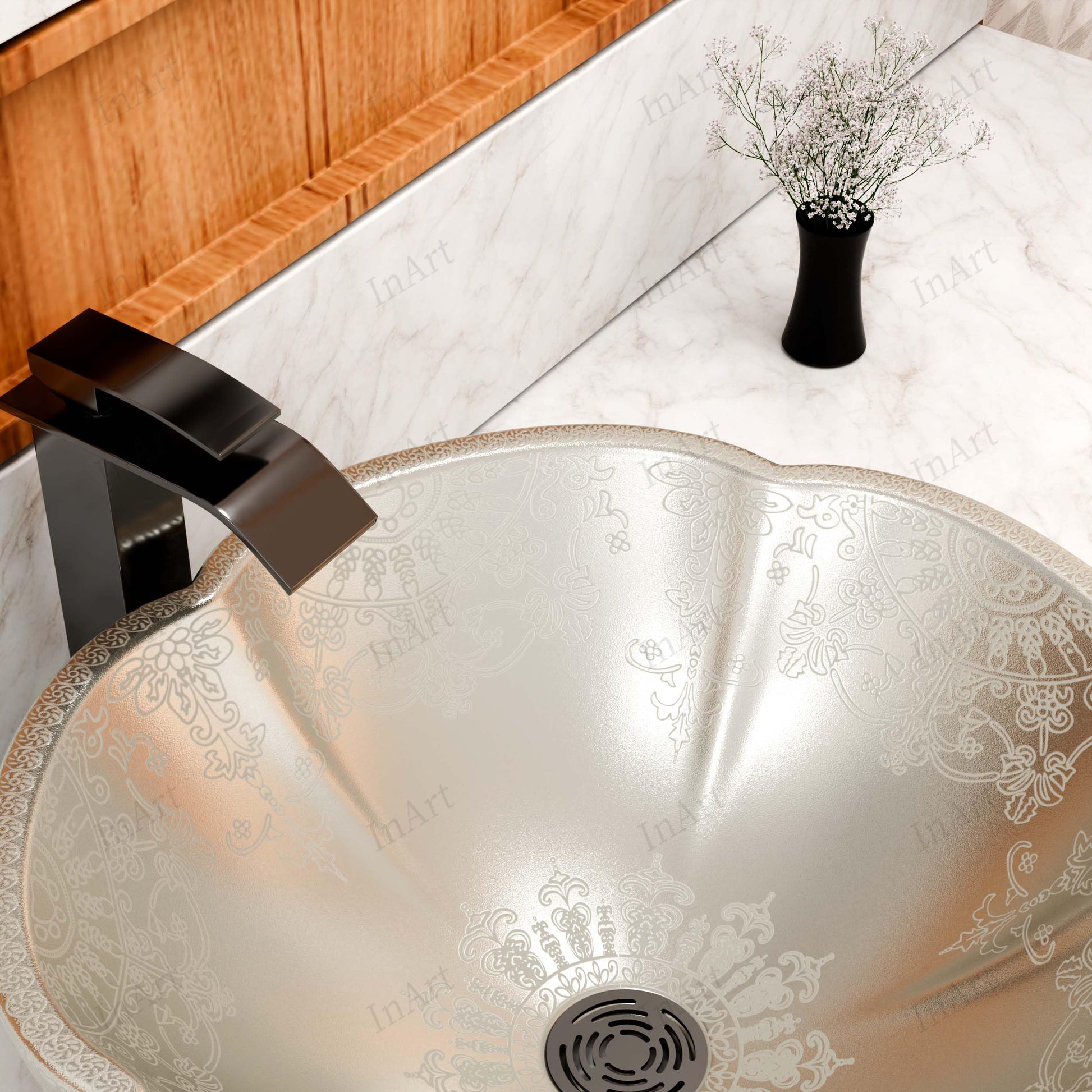 Silver vessel sink top view, Moroccan ceramic bathroom sink bowl round 42cm