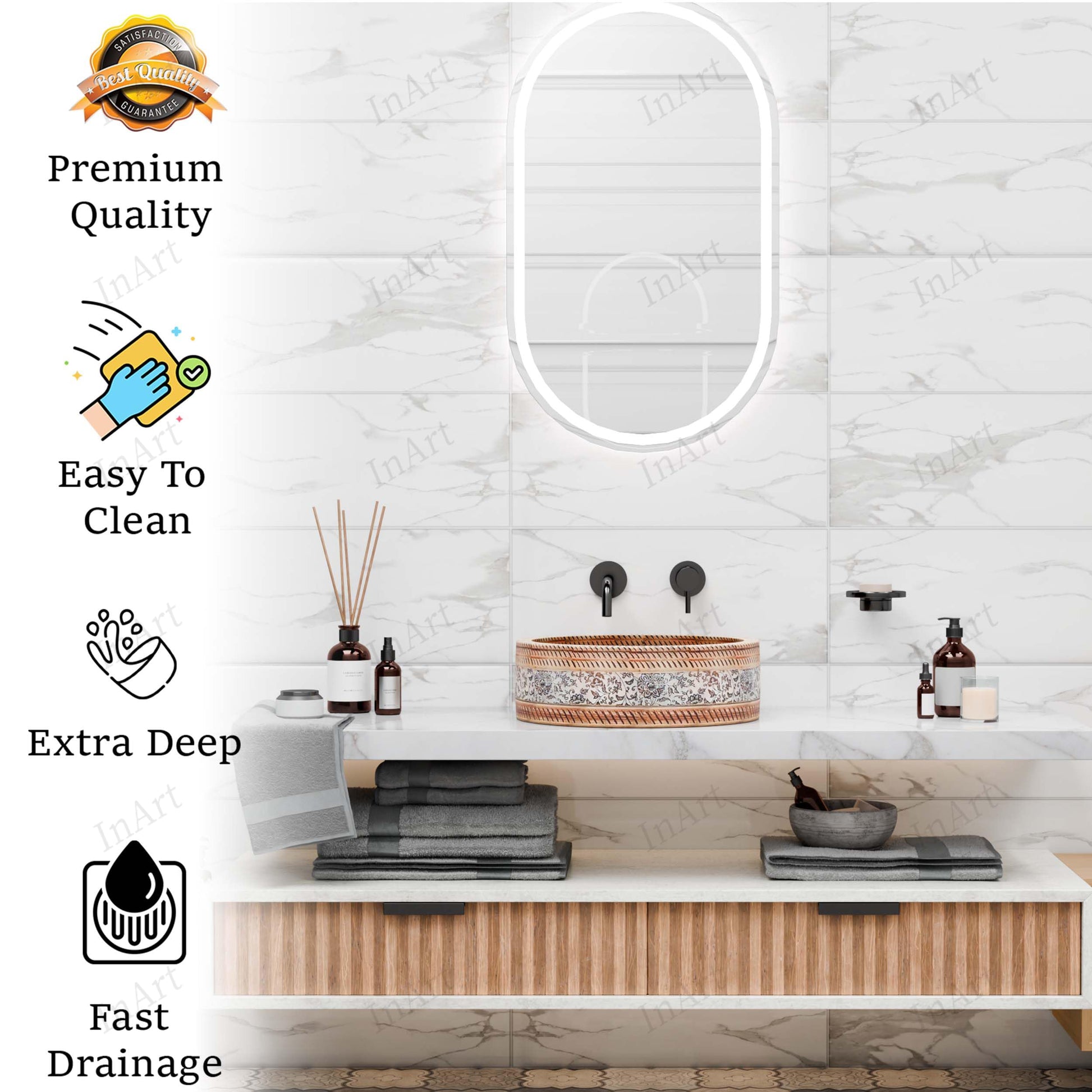 InArt Satin Patterned Ceramic Round Vessel Sink – Above Counter, 16" Moroccan Floral, additional product view 4