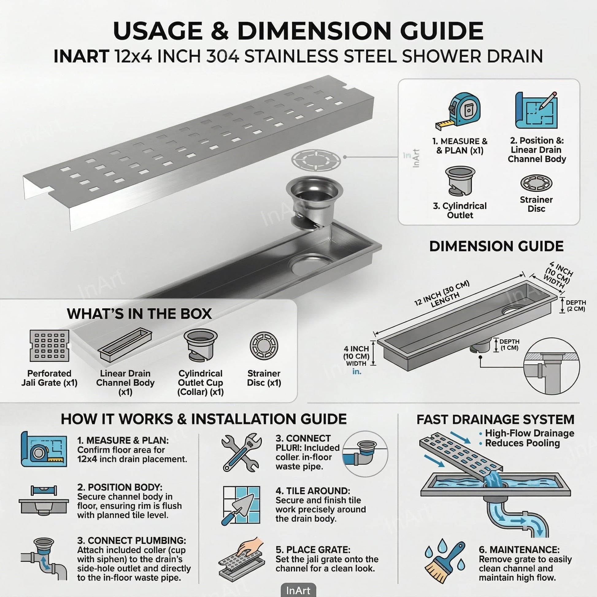InArt Brushed 304 Stainless Steel Linear Shower Drain Stainless Steel – 12" x 4", Side Outlet, additional product view 6