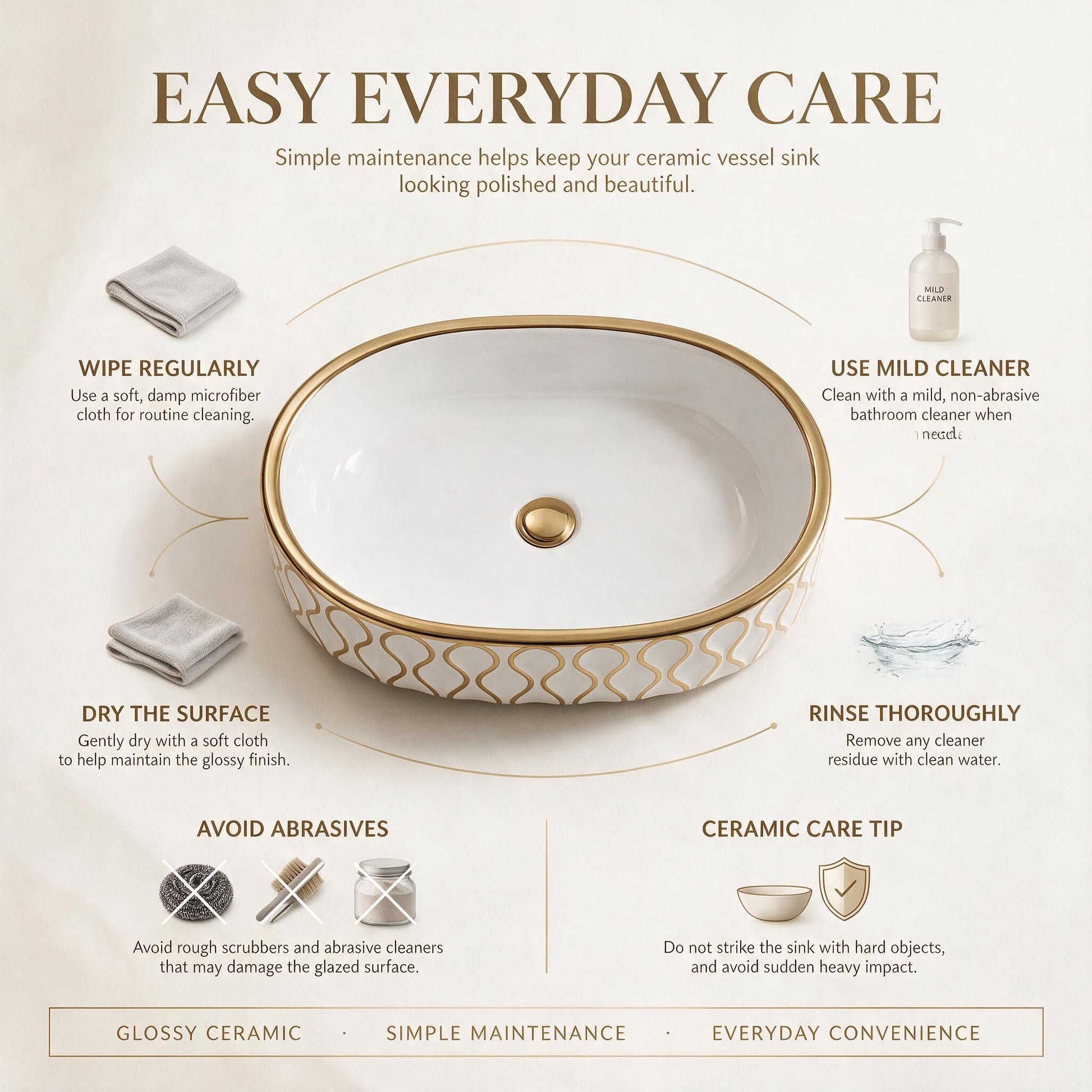White and Gold Oval Ceramic vessel bathroom sink, additional product view 6