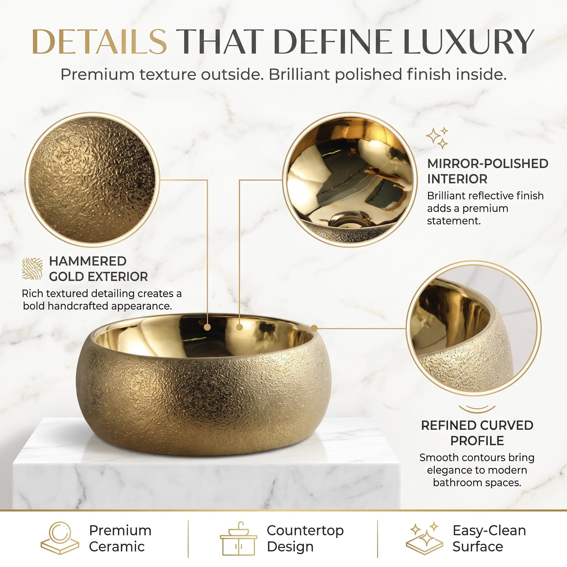 InArt Round Bathroom Ceramic Vessel Sink Art Basin in Gold Color, additional product view 4