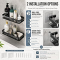 Two aluminum shower caddies holding bottles and bathroom essentials