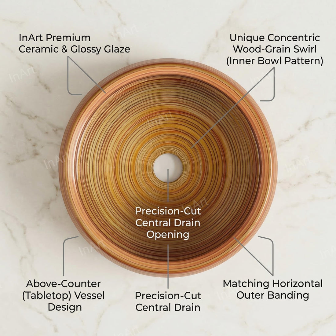 InArt Wood-Grain Glossy Ceramic Round Vessel Sink – Above Counter, 16.5" Bathroom Bowl