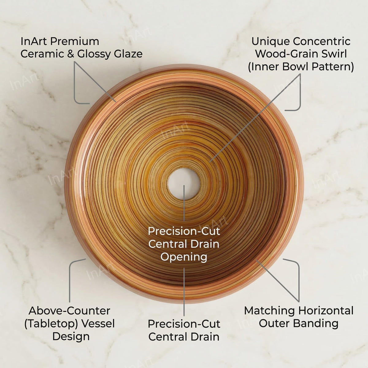 InArt Wood-Grain Glossy Ceramic Round Vessel Sink – Above Counter, 16.5" Bathroom Bowl, additional product view 2