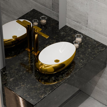 Vessel sinks InArt tabletop ceramic oval wash basin, glossy white and gold, 20x12x5 inch