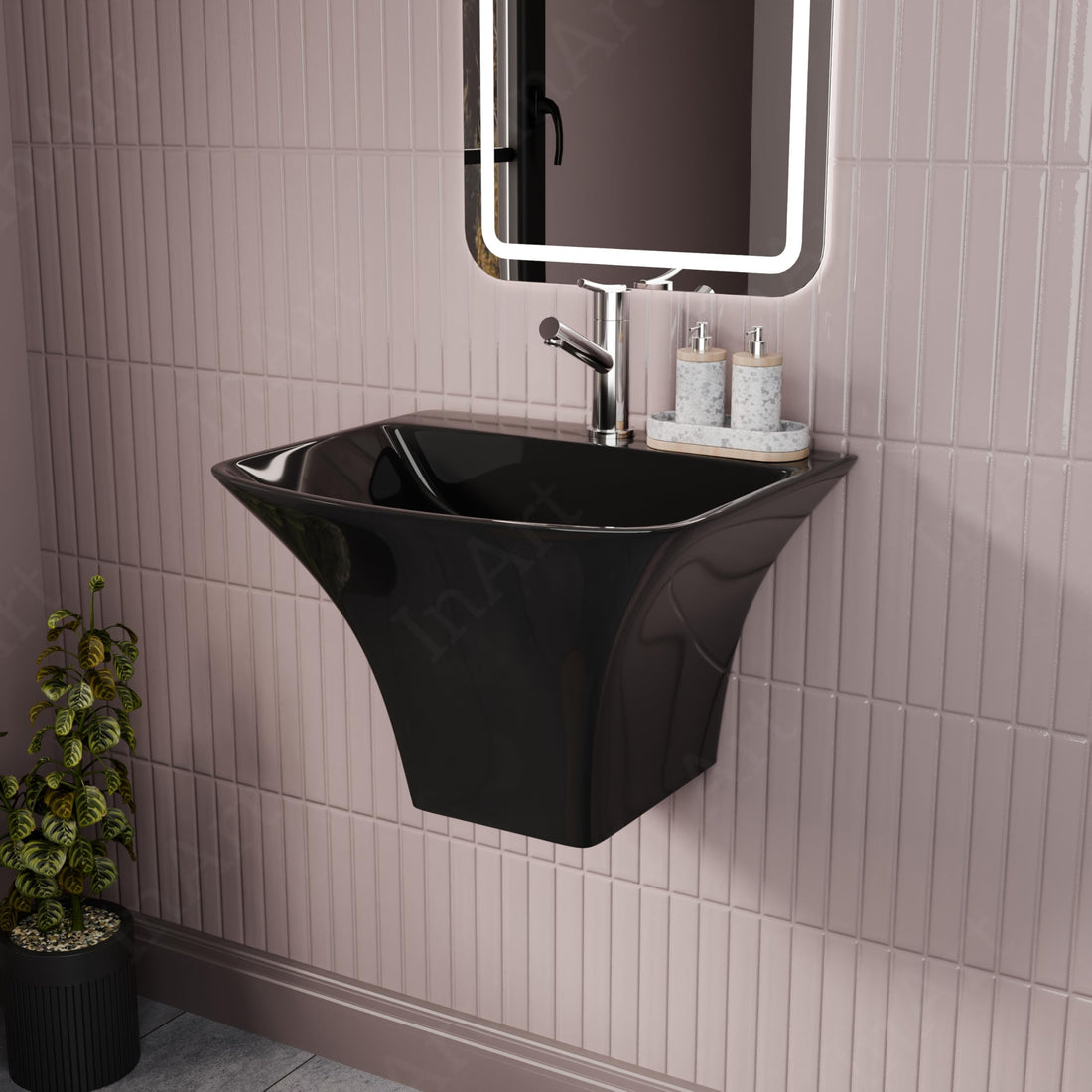 InArt Black Wall-Mounted Ceramic Bathroom Sink with Half Pedestal, 19 x 17 Inch