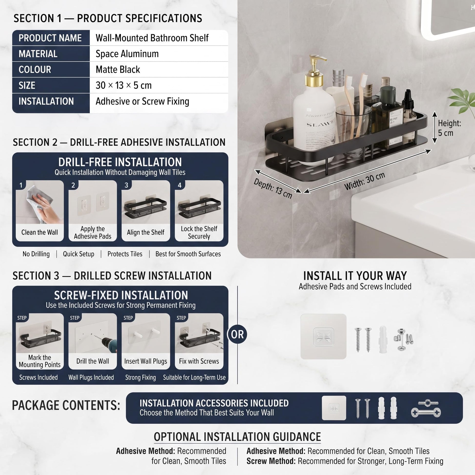 Adhesive mounting option for the matte black shower shelves