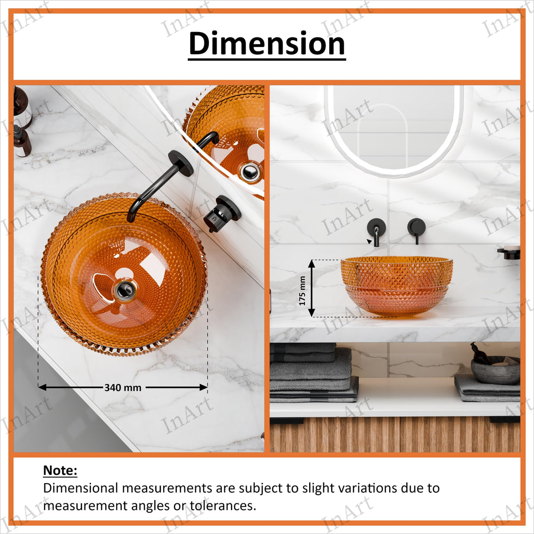Vessel sink round INART circular amber glass basin, modern tabletop bathroom sink 34cm