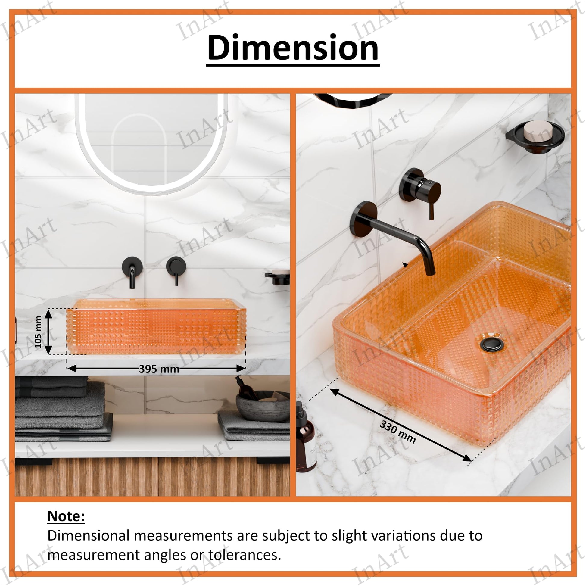 Glass sink bowl for bathroom, transparent rectangular crystal glass vessel sink side angle, glossy finish