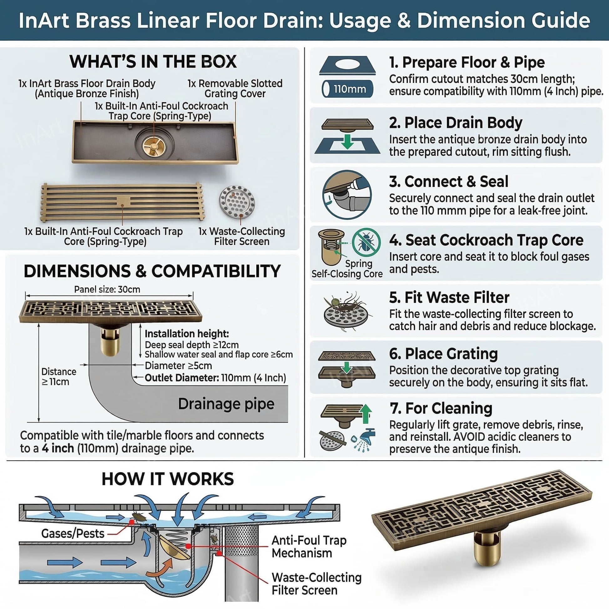 InArt Antique Brass Brass Shower Grate Drain – Self-Closing Trap Core, 12" Linear, additional product view 6