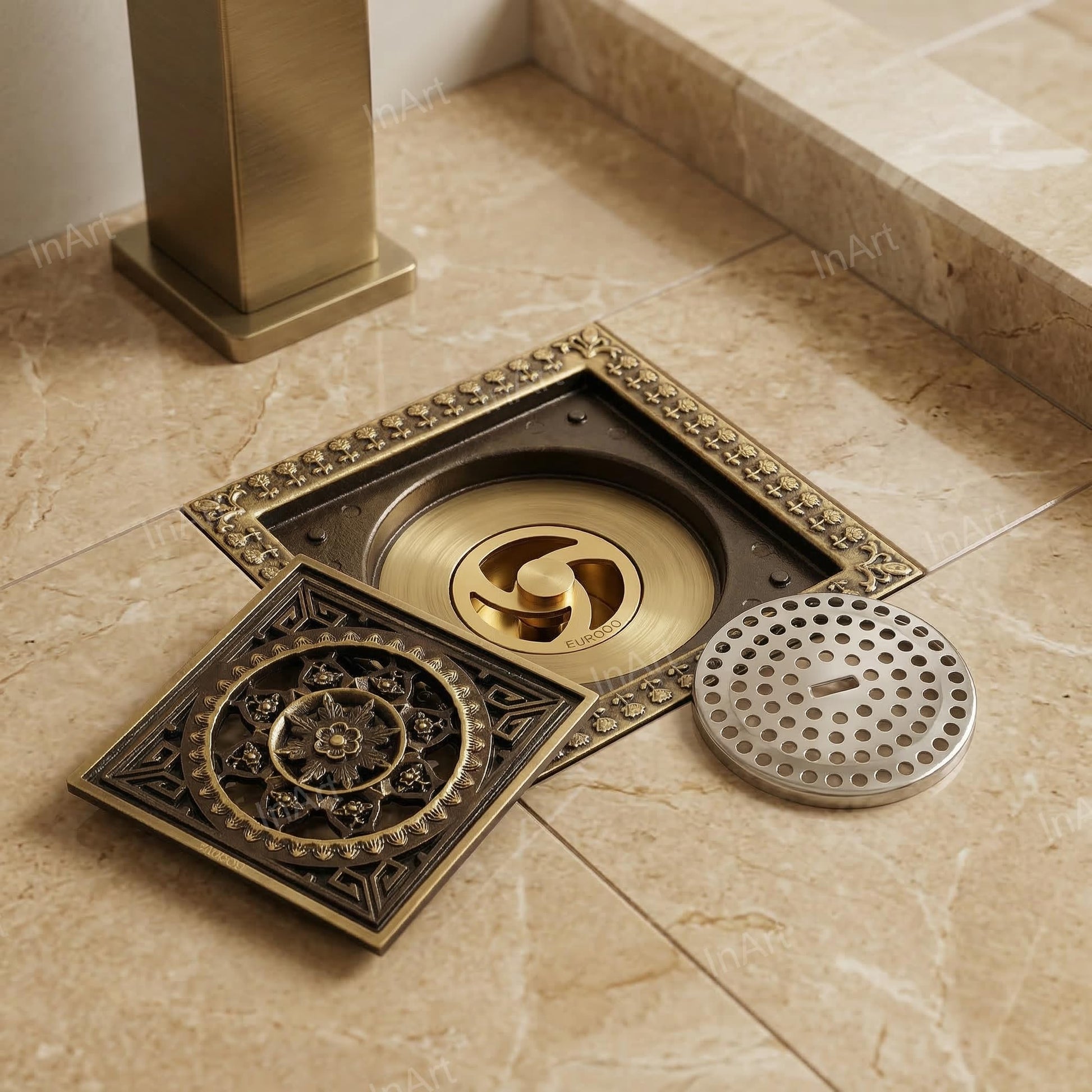 InArt 12 x 4 Inch Square Brass Bathroom Floor Drain with Strainer Grate, additional product view 4
