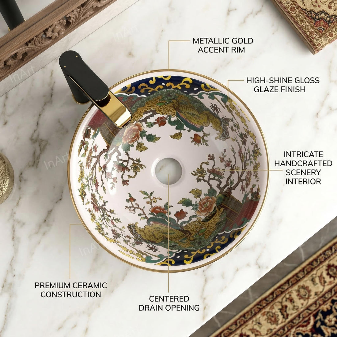 InArt Glossy Multicolor Ceramic Round Vessel Sink – Gold Rim Accent, 16.5"