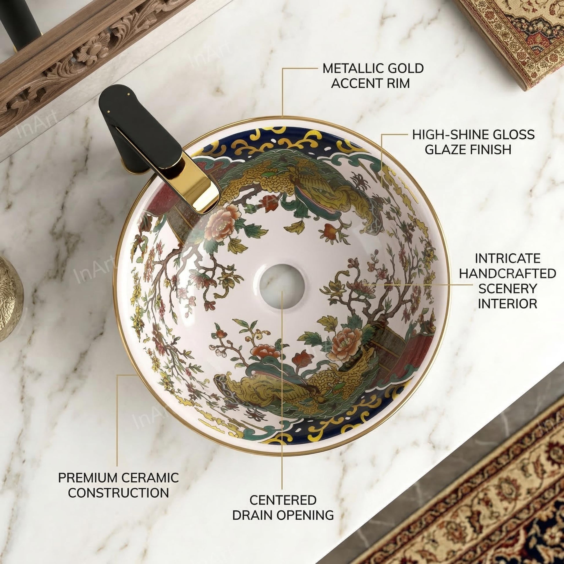 InArt Glossy Multicolor Ceramic Round Vessel Sink – Gold Rim Accent, 16.5", additional product view 2