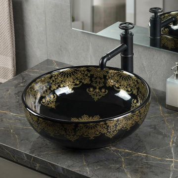 InArt Glossy Black Ceramic Round Vessel Sink – Above Counter, 16" Gold Pattern