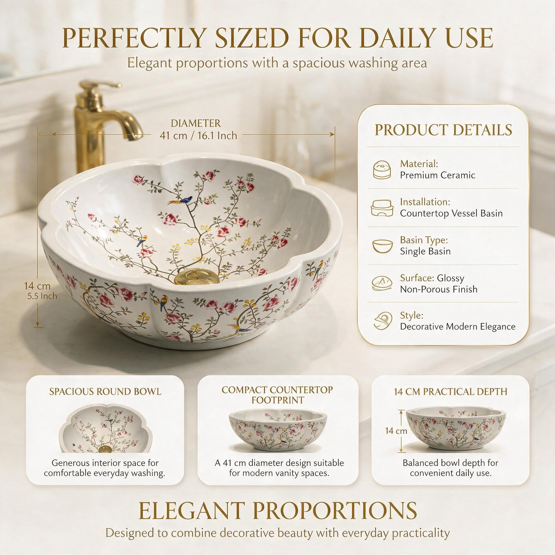 White and Multicolor Flower-Shaped Round Ceramic vessel bathroom sink, additional product view 9