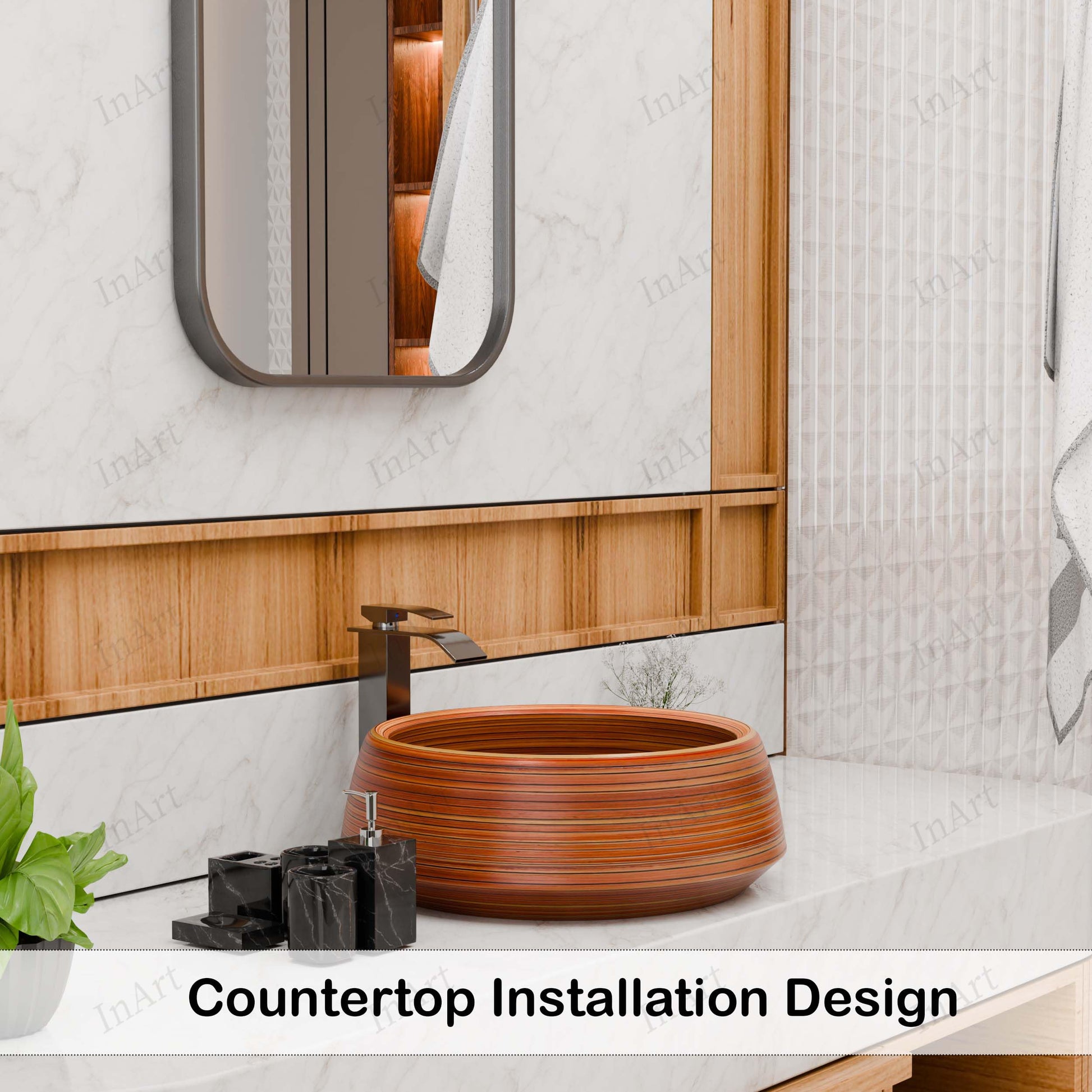 InArt Wood-Grain Glossy Ceramic Round Vessel Sink – Above Counter, 16.5" Bathroom Bowl, additional product view 3