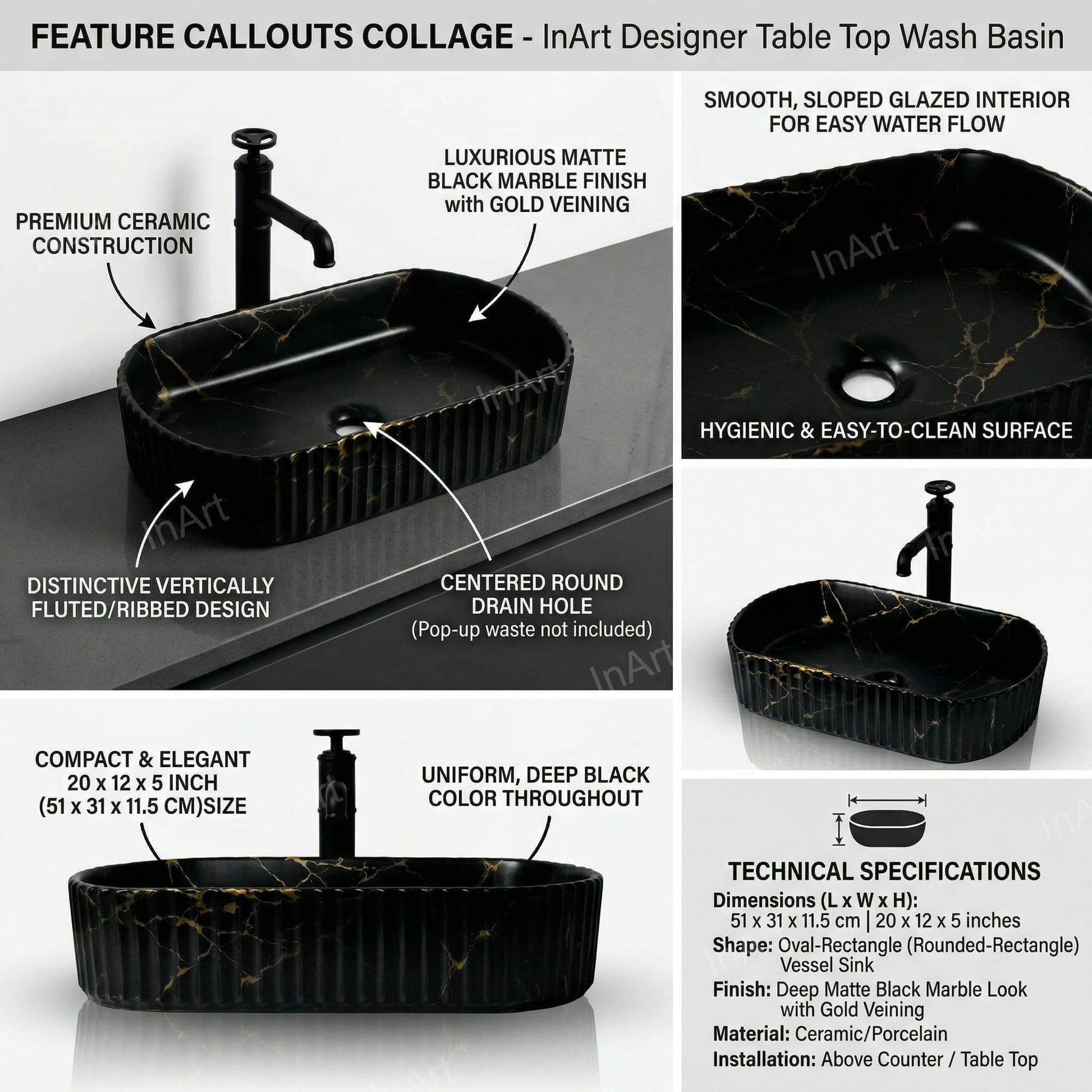 Countertop sinks for bathrooms, angled view of matte black marble rectangular ceramic vessel basin