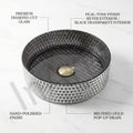 Vanity and vessel sink side angle, InArt square tempered glass bathroom sink bowl, glossy black silver