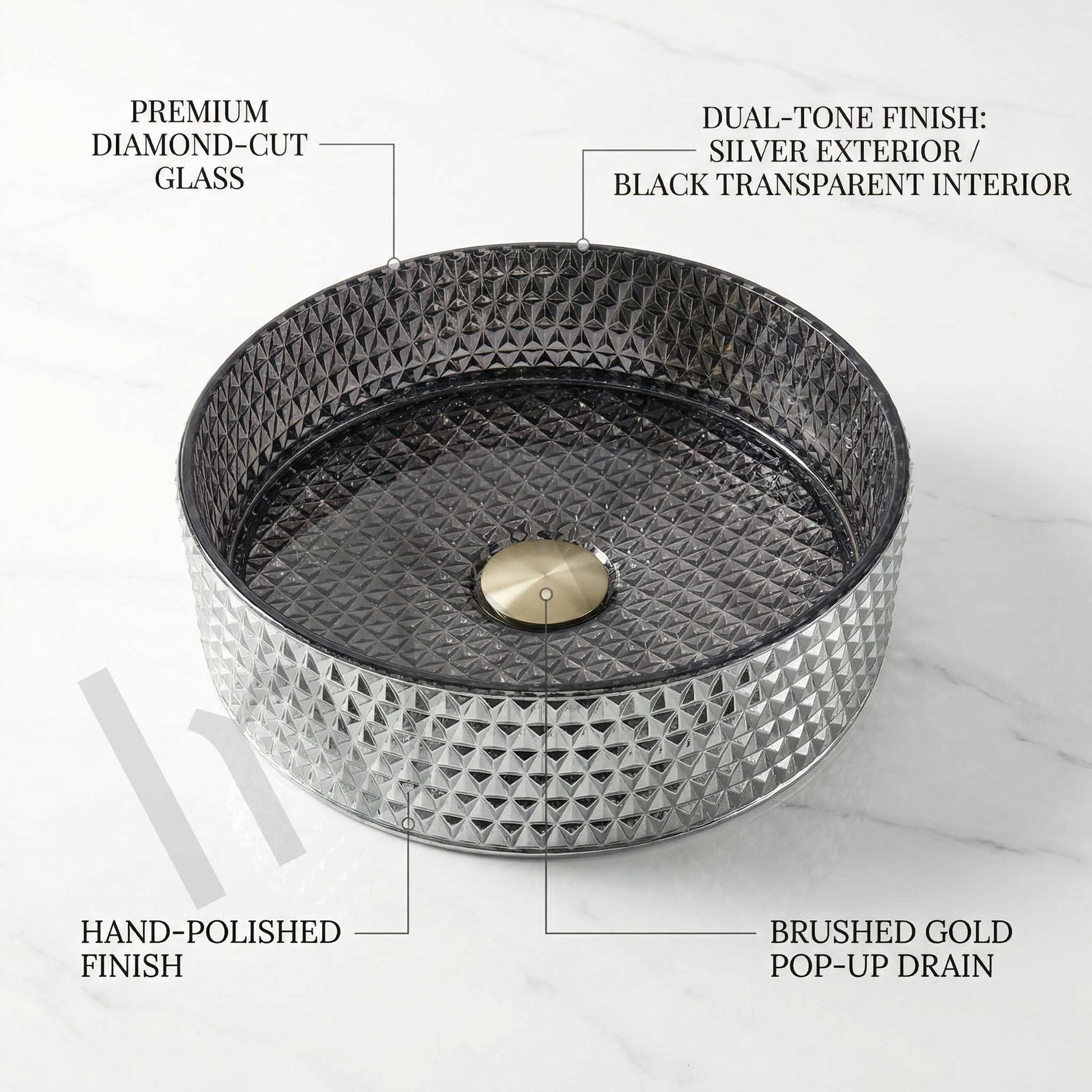 Vanity and vessel sink side angle, InArt square tempered glass bathroom sink bowl, glossy black silver
