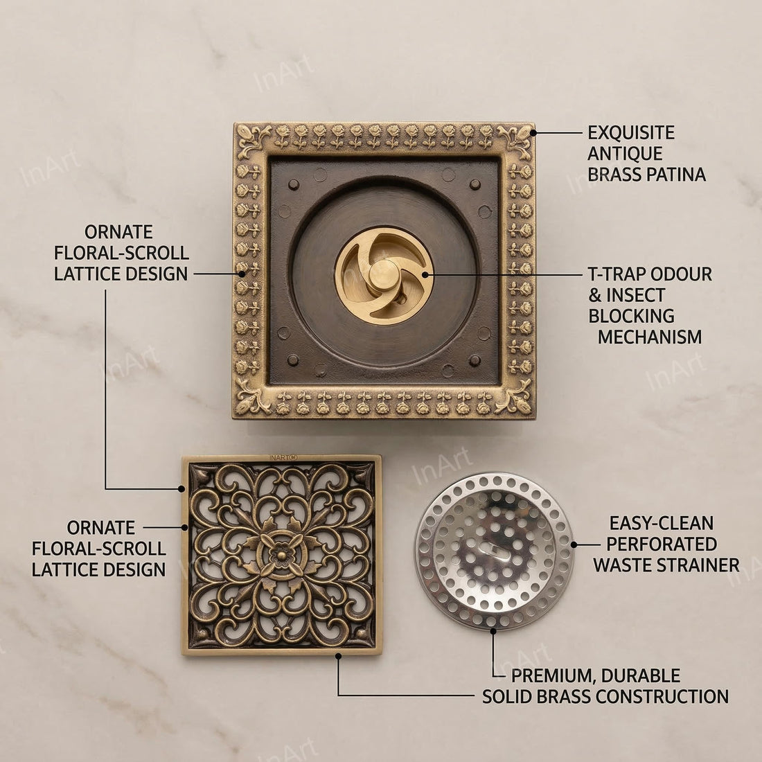 InArt 12 x 4 Inch Square Brass Shower Drain Cover with Removable Grate