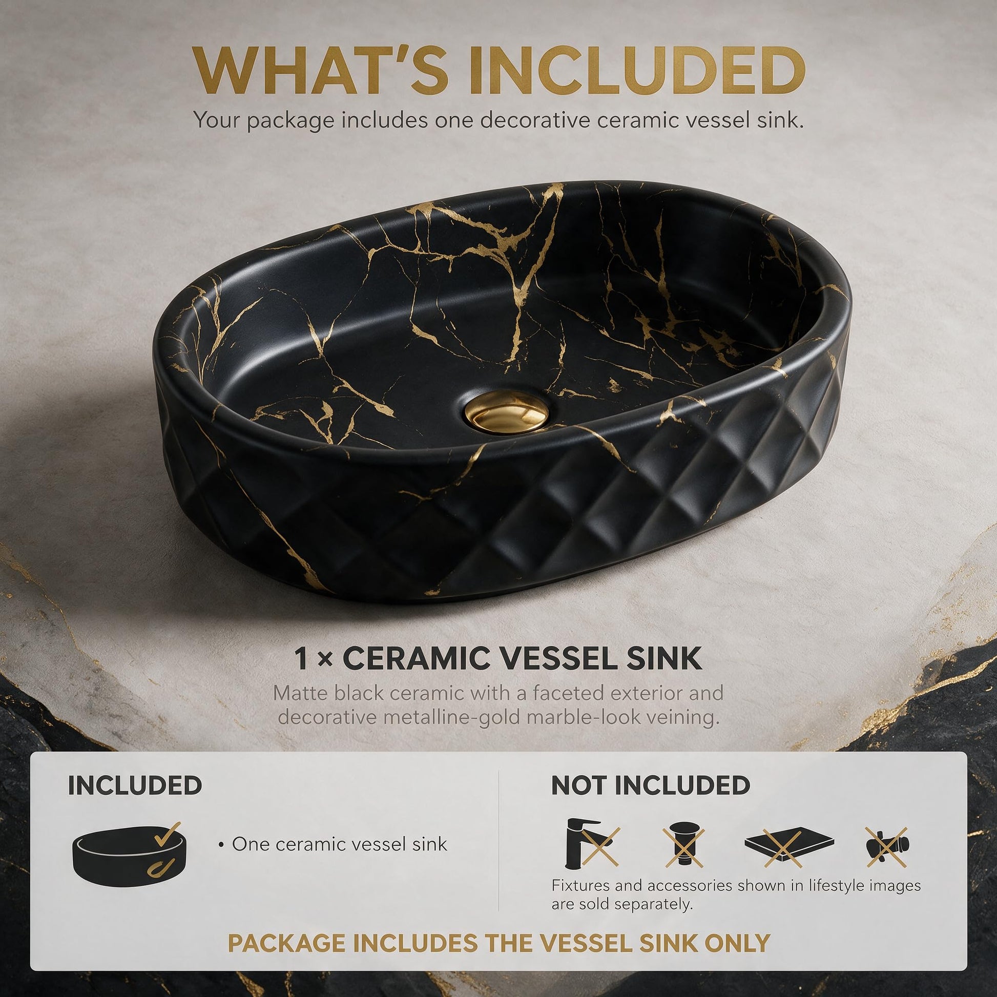 Black and Gold Oval Ceramic vessel bathroom sink, additional product view 5