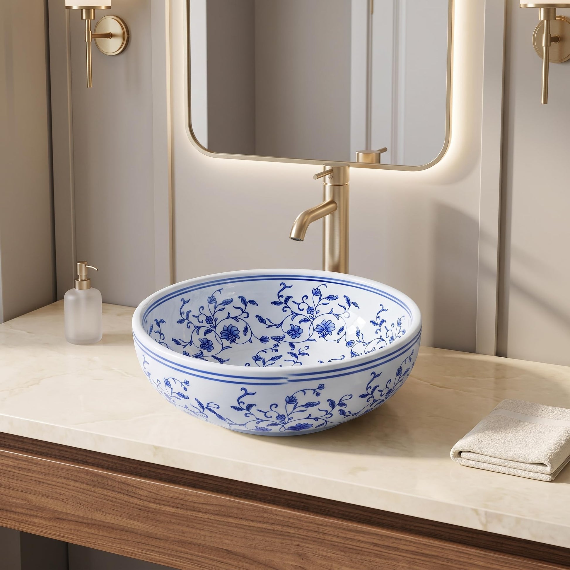 Blue and White Round Porcelain Ceramic vessel bathroom sink