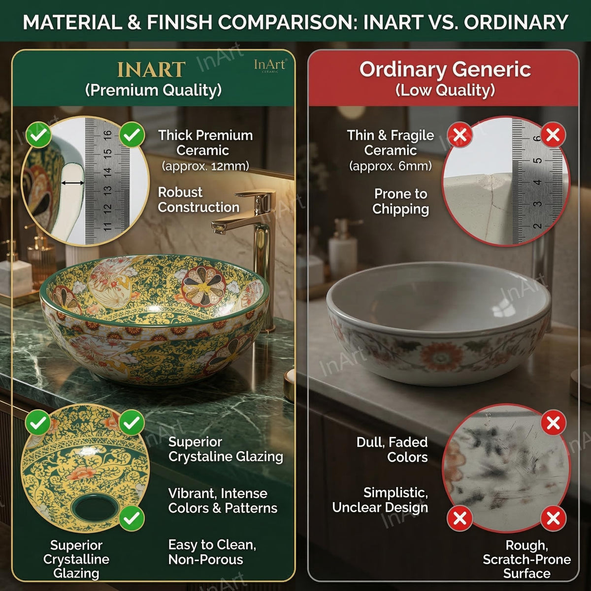 InArt Vessel Sinks for Bathrooms 16.5" – Ceramic, Glossy Green, Patterned Glaze, additional product view 7